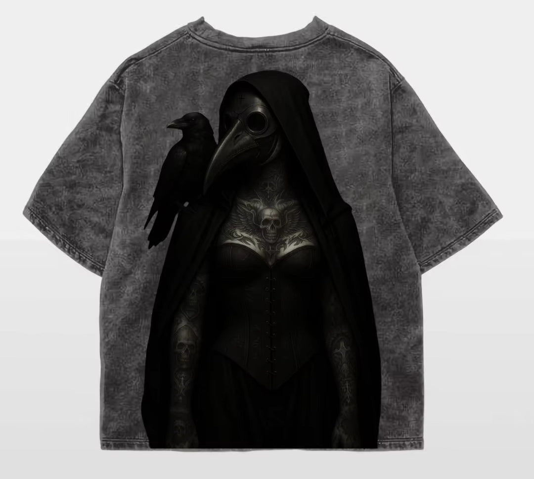 Gray t-shirt with a graphic design of a hooded figure and a bird on the back, on a white background.
